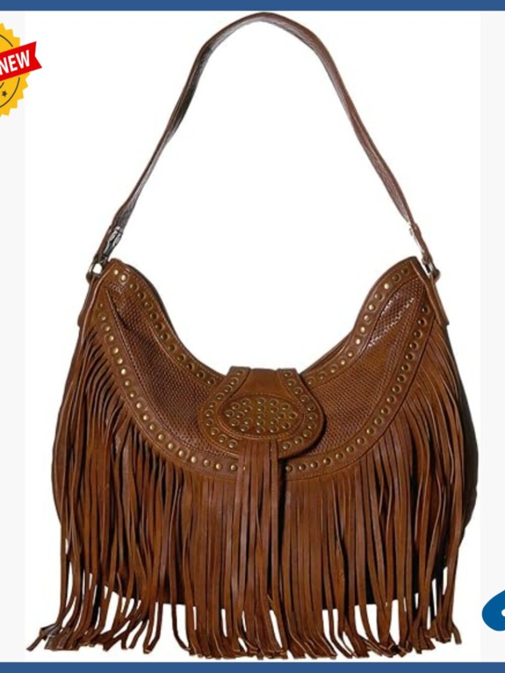 Leather Fringe Studded Hobo Bag Adjustable Strap Multiple Pockets